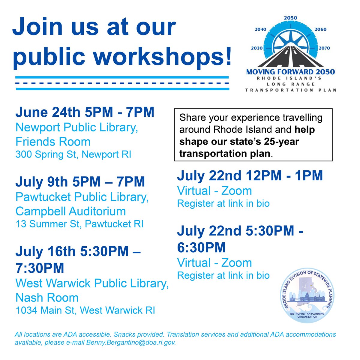 RI is updating the its long-range transportation plan! This is your chance to weigh in on what's important to you for the future of transportation.  In-person and virtual opps across the state.  6/24 thru 7/22.  Join us.  Sign-up for virtual here -shorturl.at/5v11j