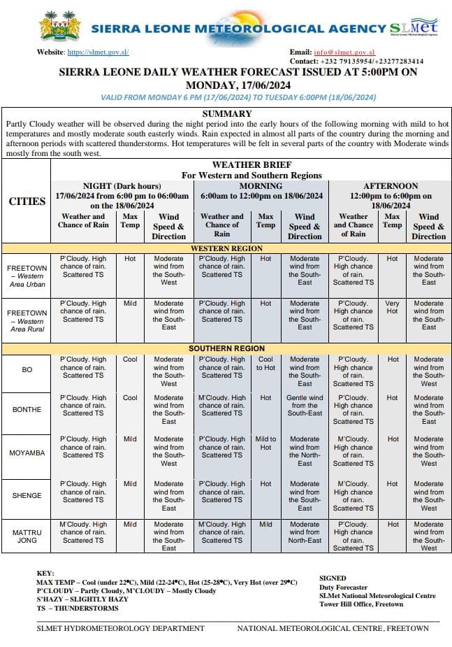 AgencyLeone's tweet photo. Weather Outlook for Western Area, Southern, Eastern and Northern Regions issued at (5pm on Monday 17th June, 2024 Valid  - 18:00 - Tuesday 18th June, 2024)

Visit: https://t.co/5v4hoWSnF1
To follow our YouTube handle.

#SouthEastandNorthWest #knowabouttheweather #sierraweather https://t.co/ffP7ofV7yR
