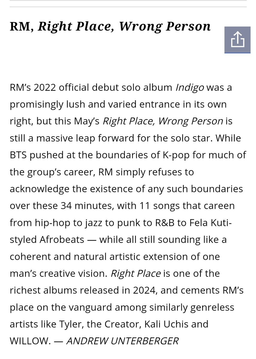 rmnewsdata's tweet photo. 📰 BILLBOARD | The 50 Best Albums of 2024 (So Far): Staff List

RIGHT PLACE WRONG PERSON
RM’s 2022 official debut solo album Indigo was a promisingly lush and varied entrance in its own right, but this May’s Right Place, Wrong Person is still a massive leap forward for the solo star. While BTS pushed at the boundaries of K-pop for much of the group’s career, RM simply refuses to acknowledge the existence of any such boundaries over these 34 minutes, with 11 songs that careen from hip-hop to jazz to punk to R&B to Fela Kuti-styled Afrobeats — while all still sounding like a coherent and natural artistic extension of one man’s creative vision. Right Place is one of the richest albums released in 2024, and cements RM’s place on the vanguard among similarly genreless artists like Tyler, the Creator, Kali Uchis and WILLOW. — ANDREW UNTERBERGER

#RightPlaceWrongPerson #RM @BTS_twt