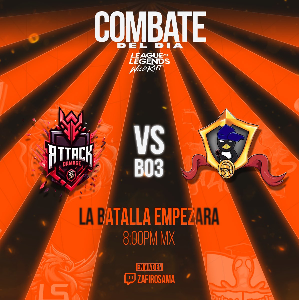 WildZcup's tweet photo. ¡Enfrentamiento de esta noche ya está aquí! 

🏆 Chilliwillis vs Attack Damage 🏆

¡No te lo pierdas! En el canal de Twitch: ZafiroSama.
#WildRift #TorneoWildRift #eSports #GamingCommunity #CompetenciaGamer #GamersUnite #MobileGaming #WildRiftTorneo #WildRiftEsports https://t.co/or0YJLfad4