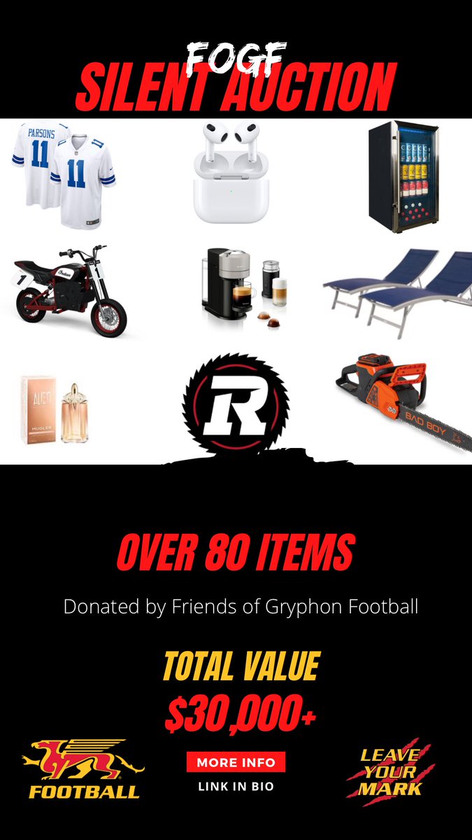 Silent Auction closes tonight at 8:30pm. Last chance to grab some great deals. 32auctions.com/2024FOGF
Support Gryphon Football. #LeaveYourMark