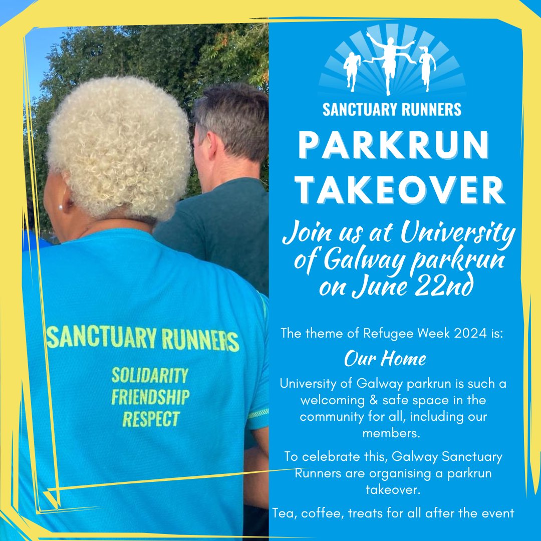 The theme of Refugee Week 2024 is - Our Home. 

As a token of thanks to Uni of Galway parkrun community &amp; to celebrate Refugee Week we are organising a parkrun takeover at the Uni of Galway

⏰ Run debrief - 9:20am Run start - 9:30am 
📍University of Galway Park &amp; Ride Carpark