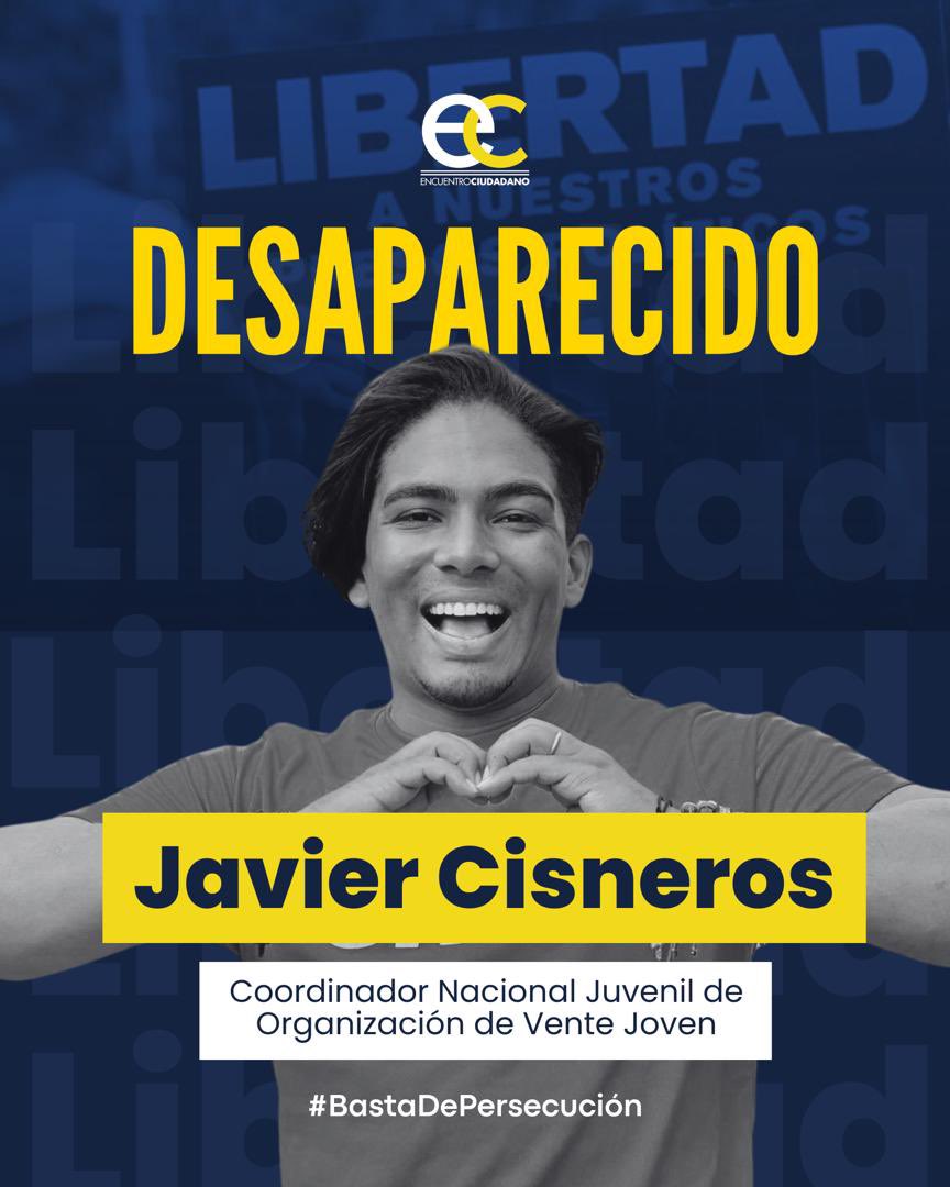 EnCiudadanoVzla's tweet photo. #Denuncia | Desde Encuentro Ciudadano rechazamos la desaparición de los dirigentes de Vente Venezuela, Javier Cisneros y Gabriel González, quienes fueron interceptados en Caracas por la policía política régimen.

Exigimos su liberación inmediata y el cese a la persecución por parte de la dictadura.