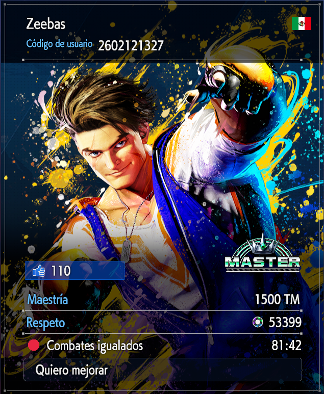 Rango master en street fighter 6 🥰.
Primera vez en juegos de lucha; 81 horitas.