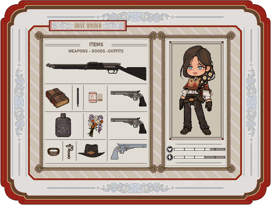 bascheng's tweet image. A full pixel inventory for @nascentflames of her RDR2 character, Dove 🤠