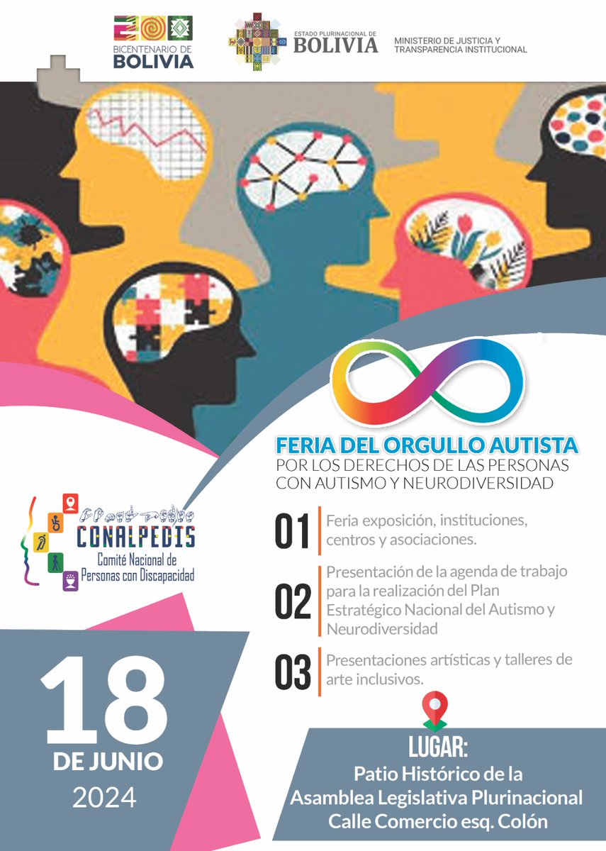 JusticiaBol's tweet photo. #Invitación | El @MinJusticiaBol, a través del Comité Nacional de Personas con Discapacidad (#Conalpedis), invita a la Feria del Orgullo Autista: "Por los derechos de las personas con Autismo y Neurodiversidad". https://t.co/FGJOCbIOBY
