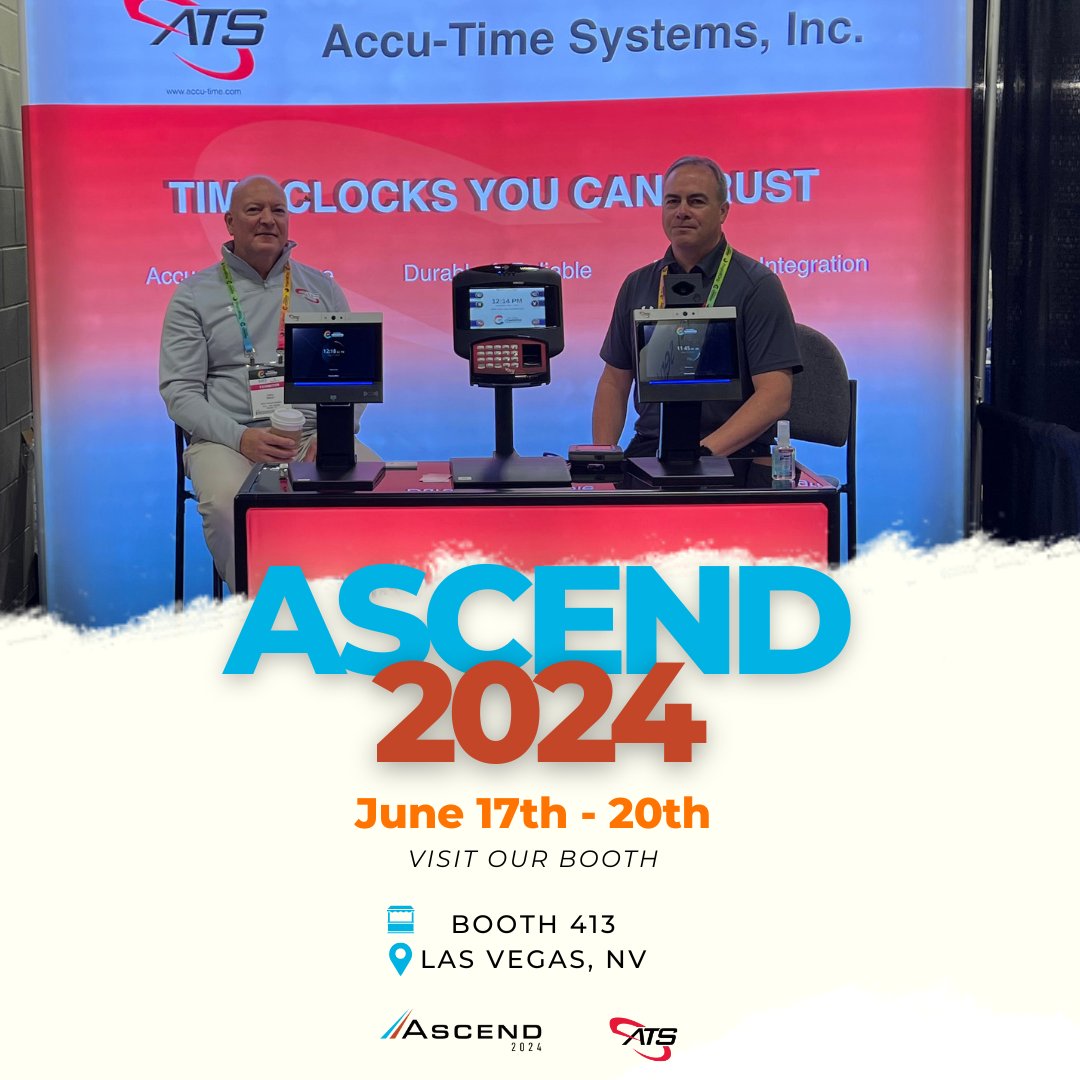 accu_time's tweet image. We are set up and ready to go for ASCEND in Las Vegas! Our ATS team members will be there through the 20th at booth number 413; if you are at the event, swing by and get a live demo of our stride80 time clocks with facial recognition and palm vein reading technology. 
#ascend2024