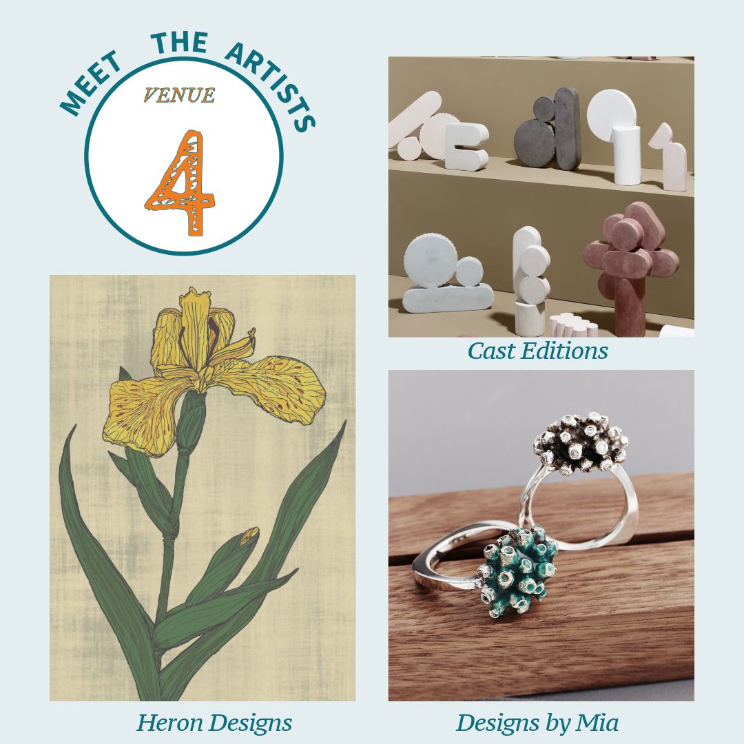 VENUE 4
Cast Editions
Hand cast cement sculptures &amp; homewares

Designs by Mia <a href="/designsbymia/">DesignsbyMia</a>
Mia creates Jewellery using her
traditional handmaking skills

Heron Designs <a href="/Emylou_Wilko/">Heron Designs</a> hand-drawn illustrations of wildlife/flora &amp; fauna finished with mixed media techniques
#crafts