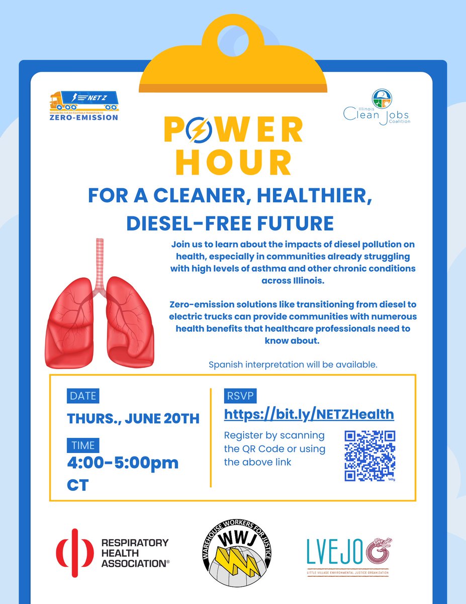 An estimated 416 residents in Illinois died from diesel pollution just last year. Join us on 6/20 at 4 pm to learn more about the problem, how to talk to colleagues and patients about it, and identify solutions. Register here: bit.ly/NETZHealth