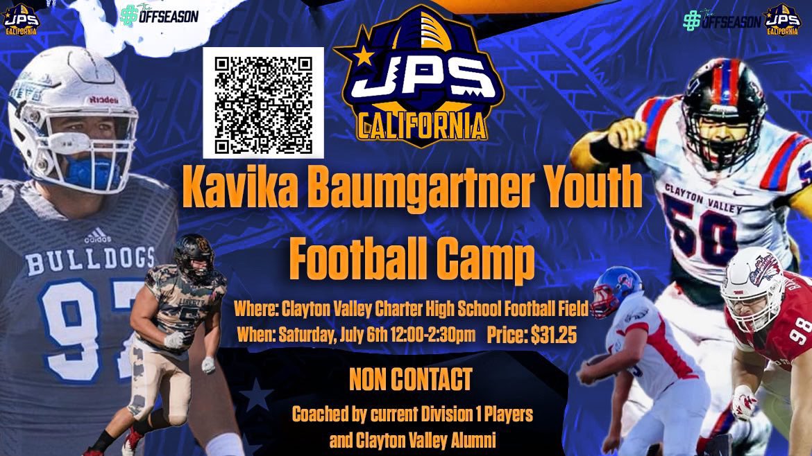 JPS alumni &amp; Current Fresno State  Defensive Lineman <a href="/KavikaB05/">Kavika Baumgartner</a> is hosting a Youth Football Camp!!! Please see flyer for details and QR code for more information! You can also click the link in our bio for more information posted on our website!#jrprepsportsca #youthfootballcamp