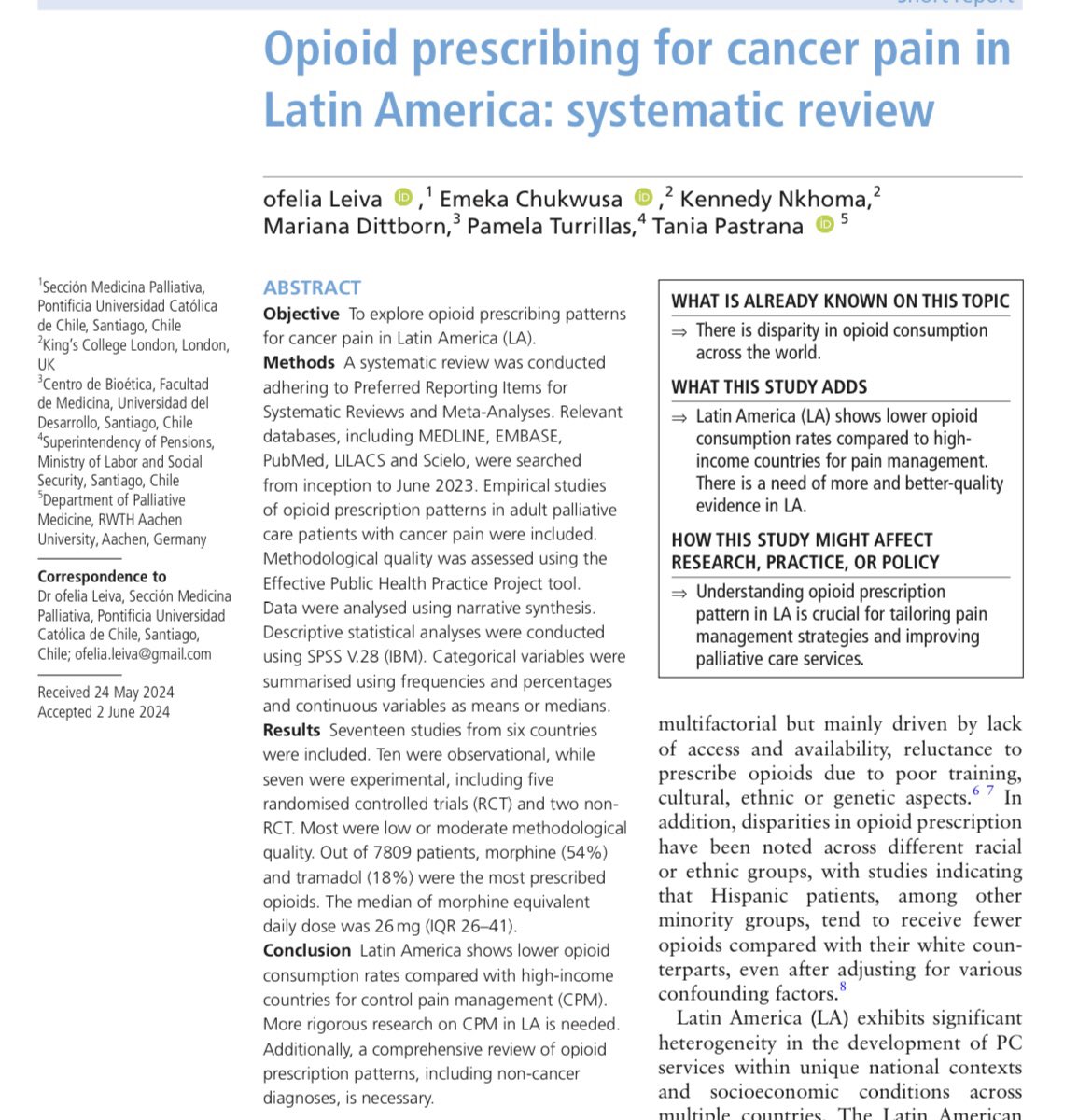 Ofelia Leiva Vasquez (@ofeleiva) on Twitter photo I share with you our systematic review about Opioid prescribing in cancer pain in Latin America 👌<a href="/PaliativosChile/">Sociedad Médica de Cuidados Paliativos - Chile</a> <a href="/CSI_KCL/">Cicely Saunders Institute at King's</a> <a href="/_ALCP/">ALCP</a> <a href="/IAHPC/">IAHPC</a> <a href="/FacMedicinaUC/">Facultad Medicina UC</a> <a href="/PaliativosChile/">Sociedad Médica de Cuidados Paliativos - Chile</a> <a href="/BMJ_SPCare/">BMJ SPCare</a> spcare.bmj.com/content/bmjspc… I share with you our systematic review about Opioid prescribing in cancer pain in Latin America 👌<a href="/PaliativosChile/">Sociedad Médica de Cuidados Paliativos - Chile</a> <a href="/CSI_KCL/">Cicely Saunders Institute at King's</a> <a href="/_ALCP/">ALCP</a> <a href="/IAHPC/">IAHPC</a> <a href="/FacMedicinaUC/">Facultad Medicina UC</a> <a href="/PaliativosChile/">Sociedad Médica de Cuidados Paliativos - Chile</a> <a href="/BMJ_SPCare/">BMJ SPCare</a> spcare.bmj.com/content/bmjspc…