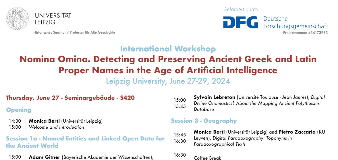 eug1979's tweet photo. e-Onomastics: #International #workshop "#Nomina #Omina. #Detecting and #Preserving #Ancient #Greek and #Latin #Proper #Names in the Age of #Artificial #Intelligence" https://t.co/jsY4smHTJR to be held at #Leipzig University on June 27-29, 2024 #Deutsche #Forchungsgemeinschaft. https://t.co/1V1Gj5UPfA