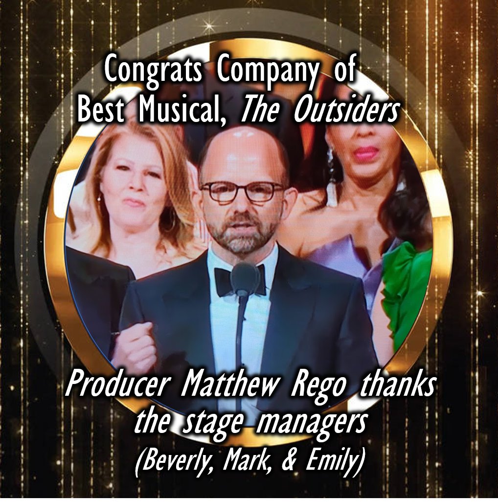 The Final #TonyAwards #StageManager shout out was when <a href="/outsiders_bway/">outsidersmusical</a> won Best New Musical &amp; #Producer #MatthewRego thanked their #stagemanagers (Beverly, Mark, and Emily). Fro those keeping track, that's #5 SM shout outs for 2024! (&amp; 2 FOH/BOH &amp; 1 therapist).
Did I miss any?