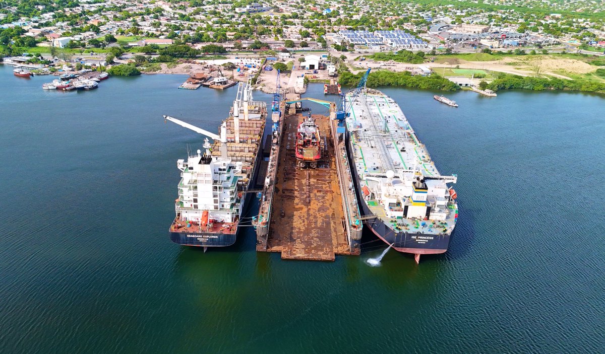 This 215m-long, 35m-wide floating dry dock, owned by German Ship Repair Jamaica Ltd’s was commissioned in the last quarter of 2023 sits in the Kingston Harbour. 

It is equipped with cutting-edge technology and a highly skilled international workforce. 

This has significantly