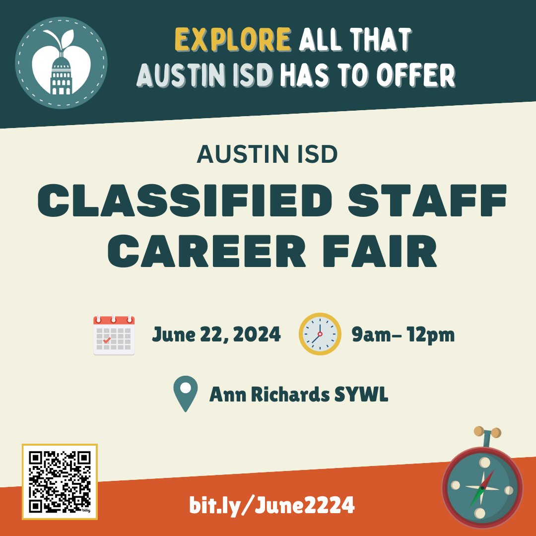 Join us June 22 for our Classified Staff Career Fair! 

We're hiring for:
Clerical
Teacher Asst
Transportation
Custodial
Food Service
Warehouse
Facilities &amp; Maintenance
A/C Mechanics &amp; Plumbers
Police Dept
Parent Support Specialist

bit.ly/june2224