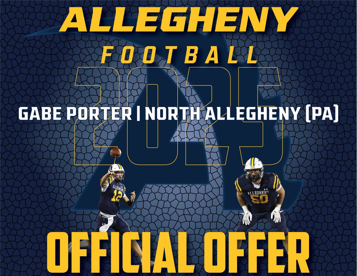Gabe Porter (@gabe_porter11) on Twitter photo After a great conversation with <a href="/Coach_Layer/">Braden Layer</a> I am blessed to receive an offer to continue my academic and athletic career at Allegheny College!
<a href="/AlleghenyFB/">Allegheny Football</a>
<a href="/nafootball_tfl/">NA Football T4L</a> After a great conversation with <a href="/Coach_Layer/">Braden Layer</a> I am blessed to receive an offer to continue my academic and athletic career at Allegheny College!
<a href="/AlleghenyFB/">Allegheny Football</a>
<a href="/nafootball_tfl/">NA Football T4L</a>