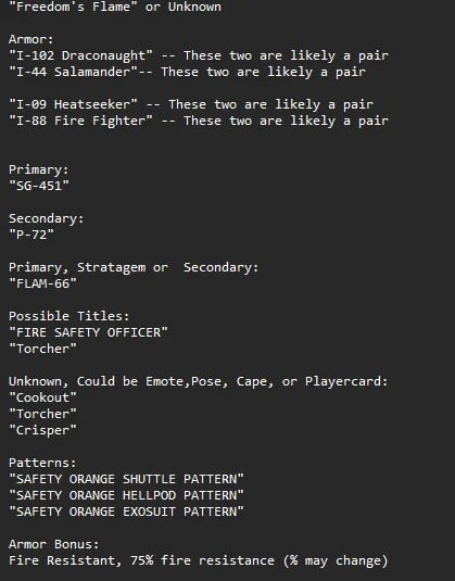 HelldiversLeaks's tweet photo. POTENTIAL WARBOND LEAK

There may be a future warbond called "Freedom's Flame"

However, many of the contents may be part of different warbonds or just be prototypes/placeholders that may not even be used. 

Credit: Asunderknight (https://t.co/o9iejOiMXk) https://t.co/FhpfEPn676