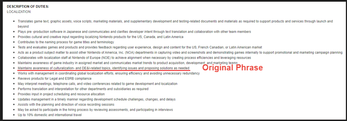 Grummz's tweet photo. Nintendo has quietly dropped the DEI language from their localization job postings.

We're having an effect. At the very least, they are not comfortable virtue signaling this anymore. Real change next. https://t.co/oXAw8Z6AwO