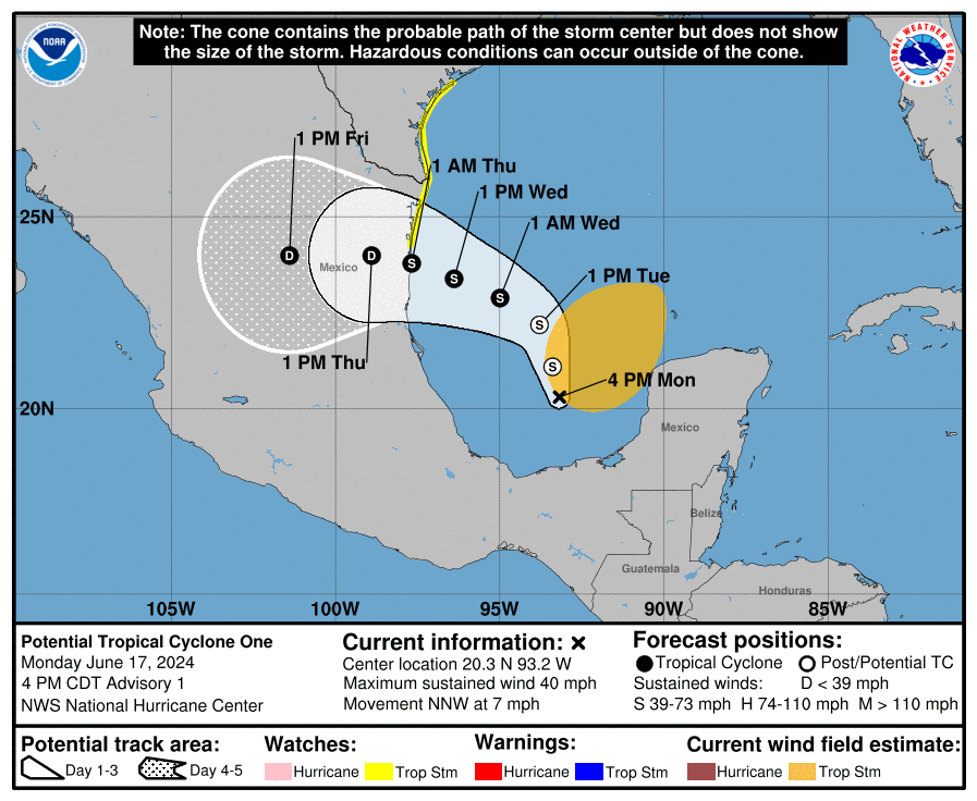 #ÚltimaHora | potencial de #CiclónTropical "Uno"
🔹Se ubica a 615 km de La Pesca, Tamaulipas.
🔹Vientos sostenidos de 65 km/h.
🔹Estaría tocando tierra en Tamaulipas entre la noche del miércoles - primeras horas del jueves.

⚠️Se han establecido zonas de advertencia desde la