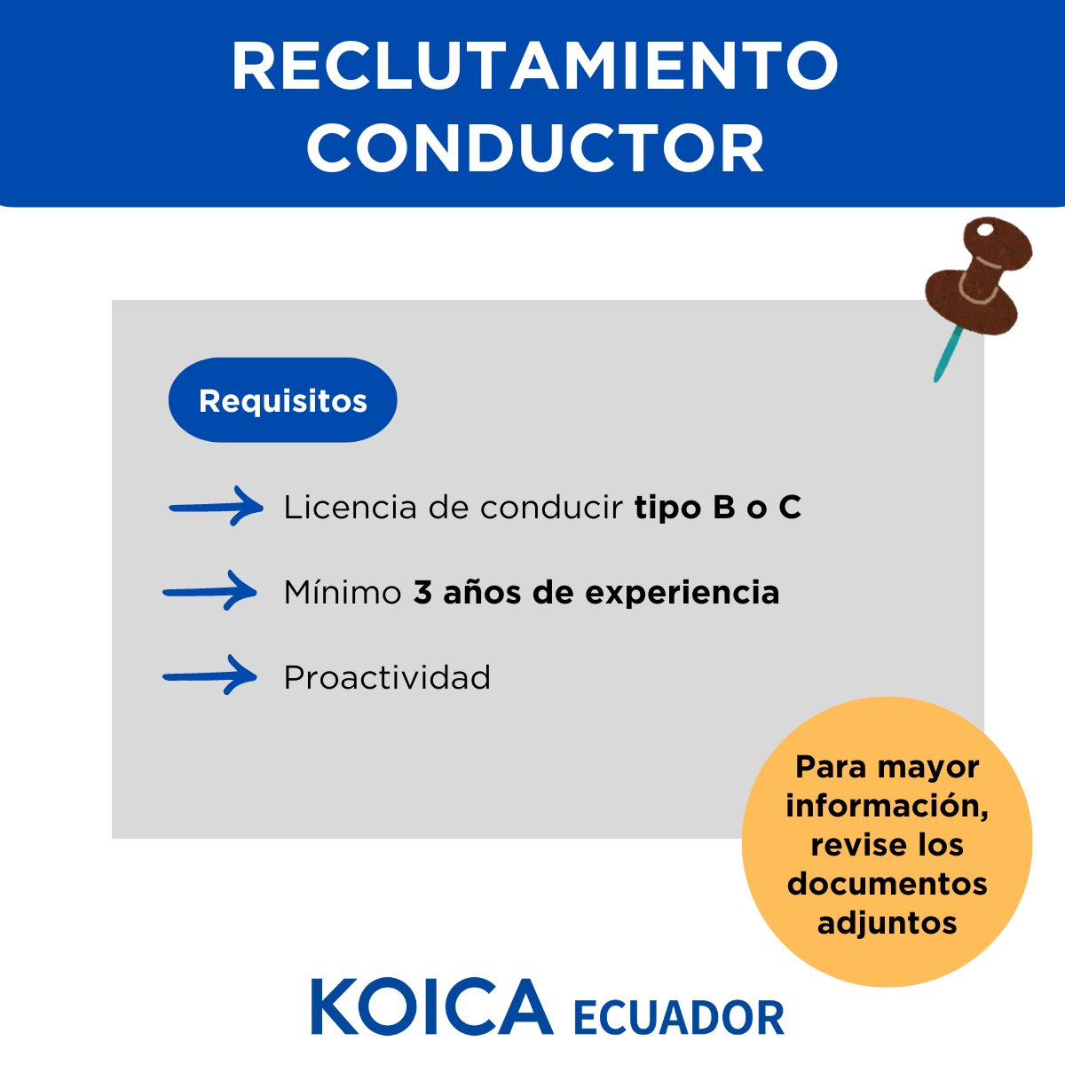 KOICA Ecuador está buscando un Conductor capacitado para unirse al equipo. Para detalles del cargo y envío de postulación consulte los TDR adjuntos. Documentos: drive.google.com/drive/folders/…