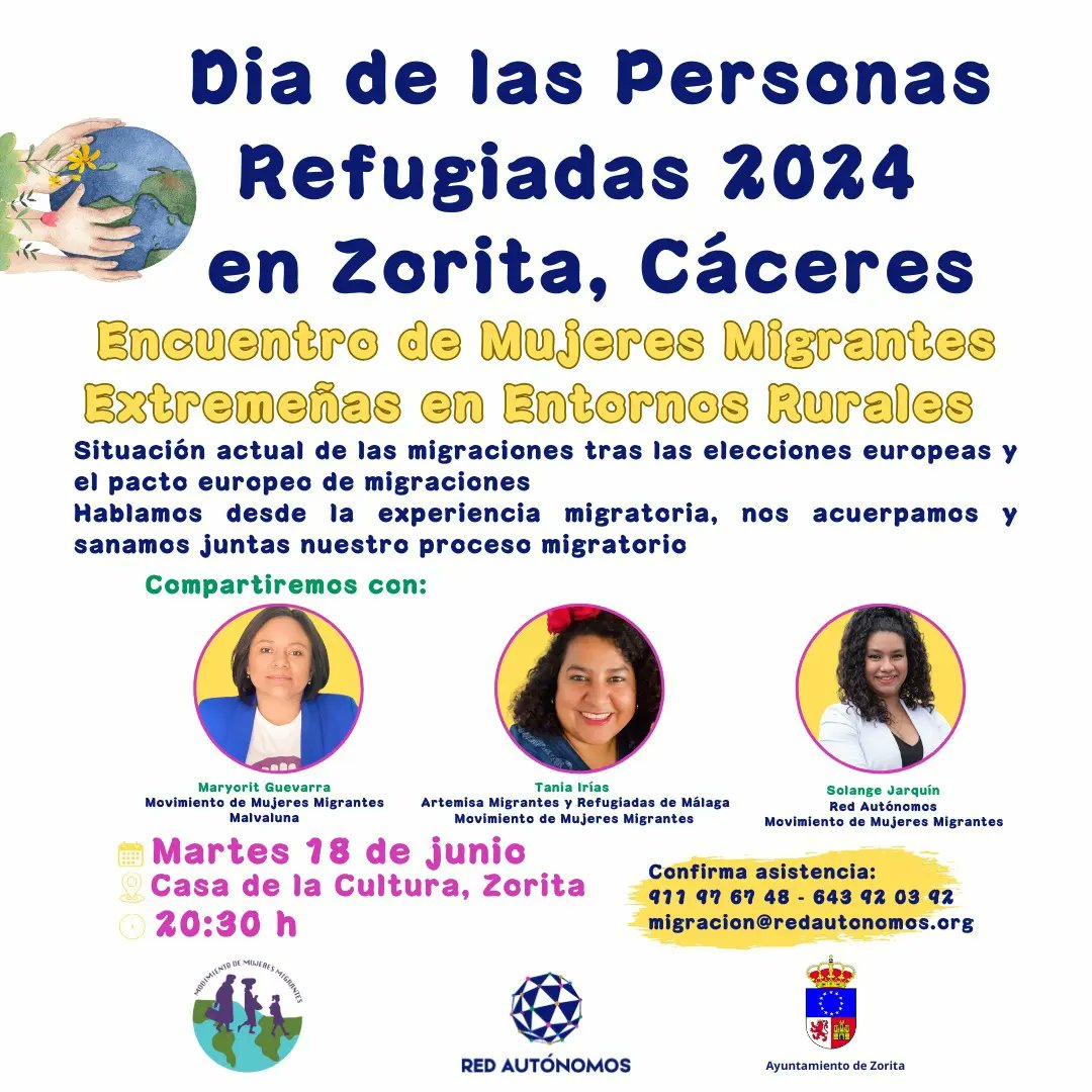 Desde las @lasmigrantas, <a href="/redamigracion/">Red Autónomos - Refugiados y Migrantes</a> y <a href="/redautonomos/">Red Autónomos</a> estamos contentas de poder invitarte al Encuentro de Mujeres Migrantes Extremeñas en Entornos Rurales en celebración del Día Mundial de las Personas Refugiadas  🌏🌍🌎
Te esperamos ‼️
<a href="/solange_jarquin/">Solange Jarquín Sandoval</a>