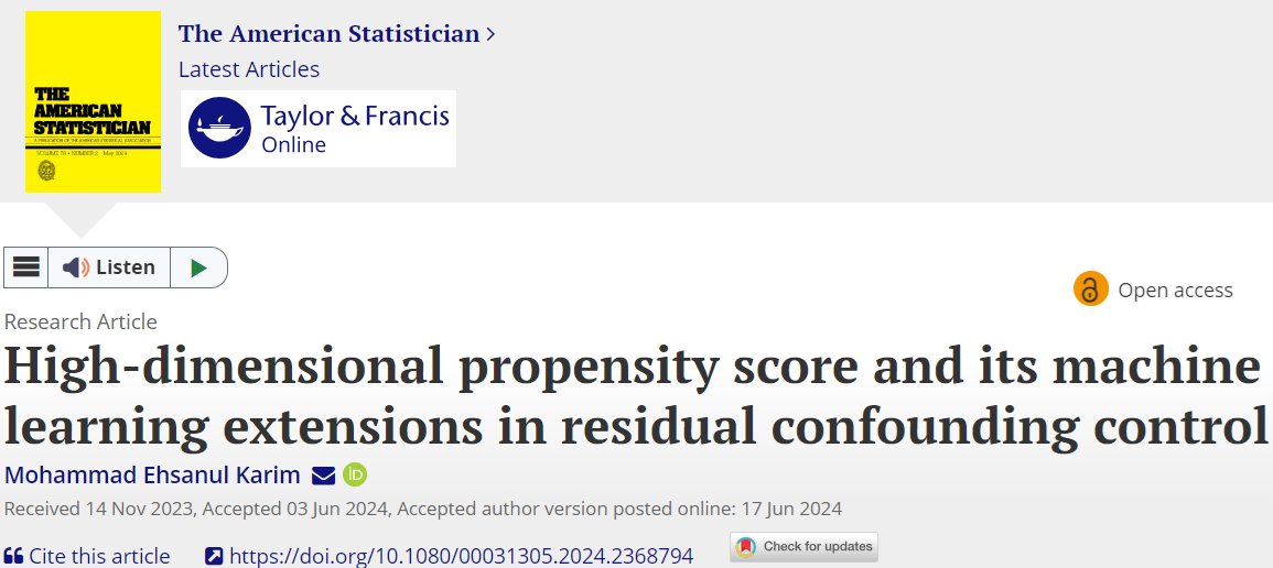 ehsanX364's tweet photo. Excited to share my latest article in 'The American Statistician' on high-dimensional #propensityscore #hdPS, #ML, and #DR extensions, based on my workshop. #EHR #ICD #OpenAccess #tutorial #NHANES @Advancinghlth @ubcspph @NSERC_CRSNG @tandfonline https://t.co/lSbUrnaZJj https://t.co/9AG7c7tWom