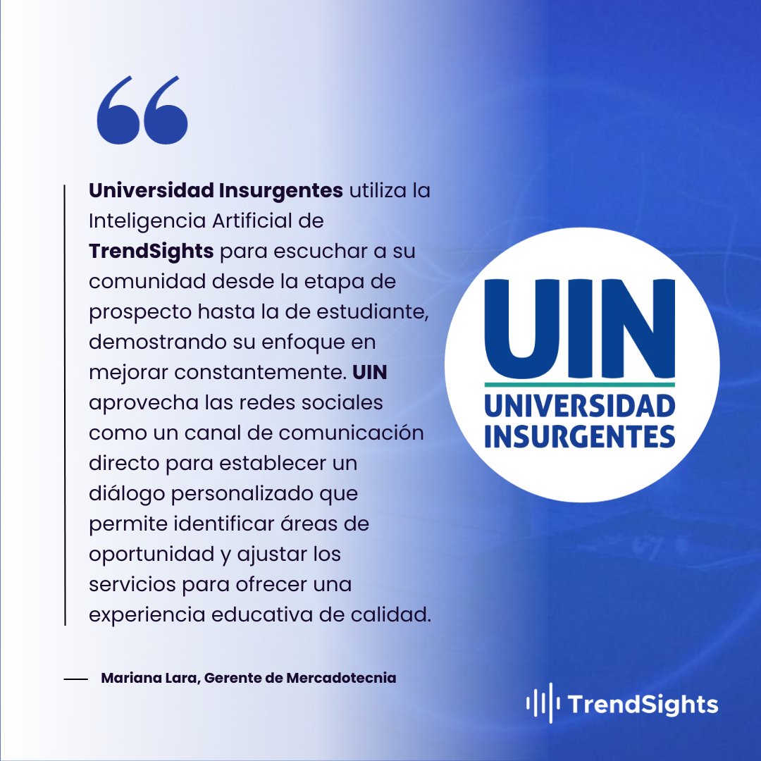 TrendsightsAI's tweet image. ¡Transformando Experiencias con TrendSights! 🚀

Mariana Lara Gerente de Mercadotecnia de la Universidad Insurgentes, nos cuenta cómo TrendSights les ha ayudado a ella y a su equipo de marketing a escuchar atentamente a su audiencia 🎧,mejorando la experiencia de sus usuarios 📈