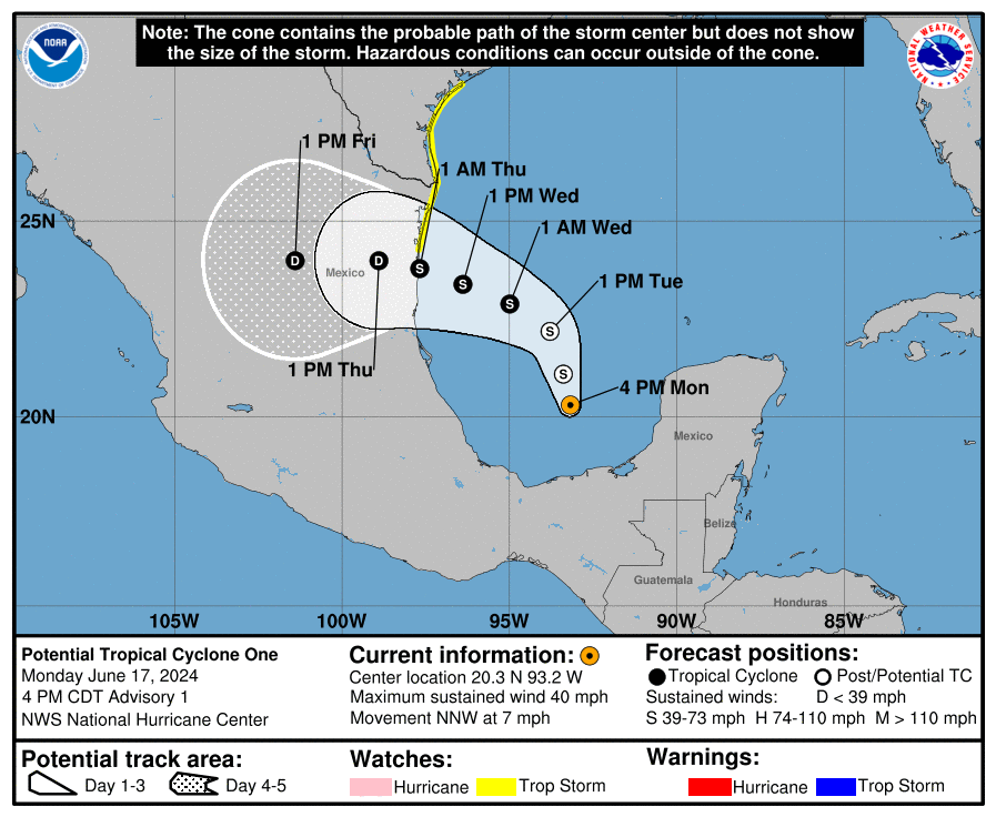 JonathanBelles's tweet photo. Flooding is the biggest concern along the western Gulf Coast. Several inches of rain will fall through late week in eastern Mexico and southern Texas. This system will also bring gusty winds to northeastern Mexico and south Texas beginning Wednesday. #PTCOne https://t.co/t4fNNa9mCY