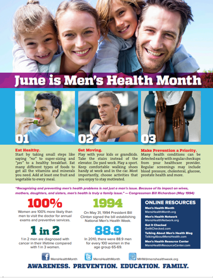 ParkTreeCHC's tweet photo. June is Men's Health Month! Celebrate the men in your lives and encourage them to stay healthy by getting regular screenings and staying active https://t.co/JfX4mT4yXw