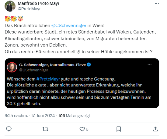 CSchwenniger's tweet photo. In einer wundersamen Welt, in welcher ein #PreteMayr mich als Brachialtrollchen diffamiert, geht derselbe #Prete vermutlich als hochgeistiger Edelmann, aus dessen Goldmund nur literarische Milch und Honig träufeln, durch.
Tatsächlich durfte ich, dank des akut krankheitsbedingten Fernbleibens des Edelmanns, ein Wien ohne PreteMayr erleben und ich bin dem sich partout nicht dem Prozess Stellenden dankbar, einen bezaubernden Tag mit einem hinreißend inspirierenden Menschen zugebracht zu haben, anstatt mir seine Tiraden anzuhören.