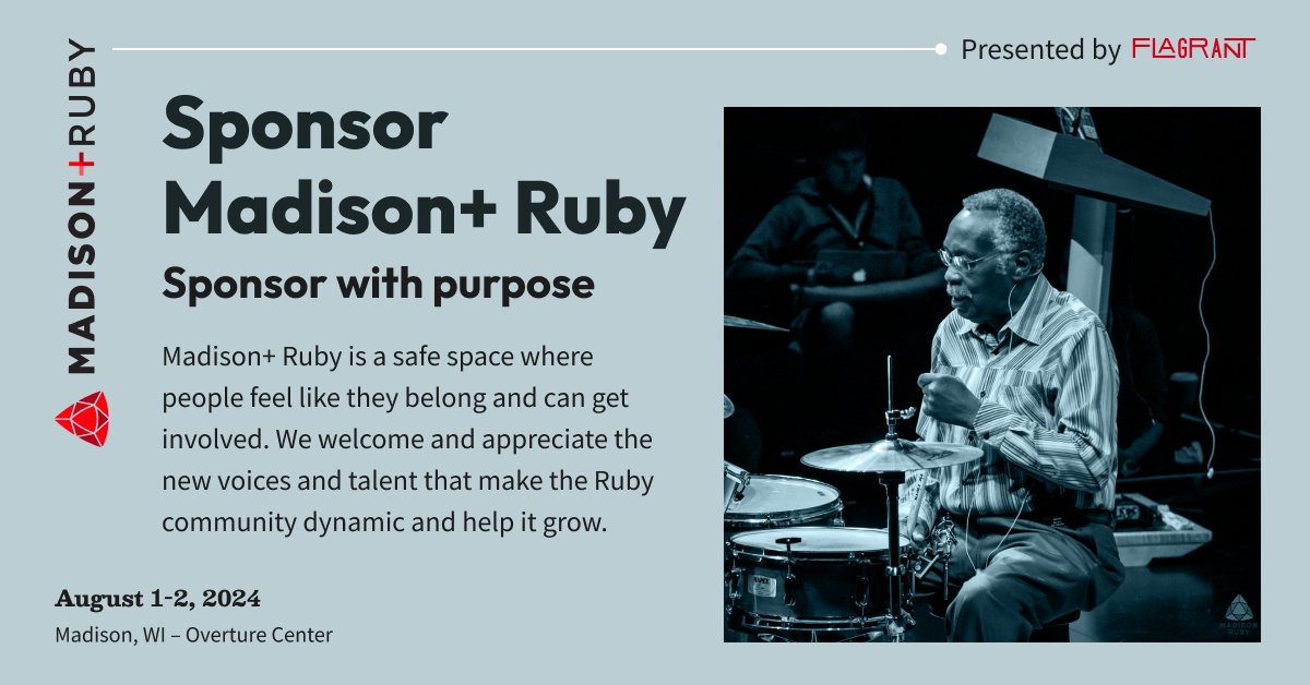 MadisonRuby's tweet image. Passionate about Ruby? Support Madison+ Ruby in bringing together those who want to expand their horizons and hear from unique perspectives. Explore our variety of sponsorship packages at madisonruby.com
@be_flagrant #MadisonRuby #RubyCommunity #Sponsorship