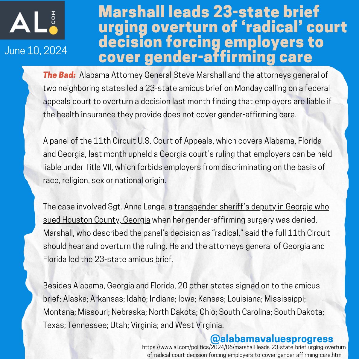 AVProgress's tweet image. #ICYMI this week:

- Florida’s ban on medical treatments for trans youth ruled unconstitutional

- Alabama AG Marshall leads lawsuit attempting to overturn decision requiring employers to cover gender-affirming healthcare

- Two new contracts with Bham law firm to represent #ADOC