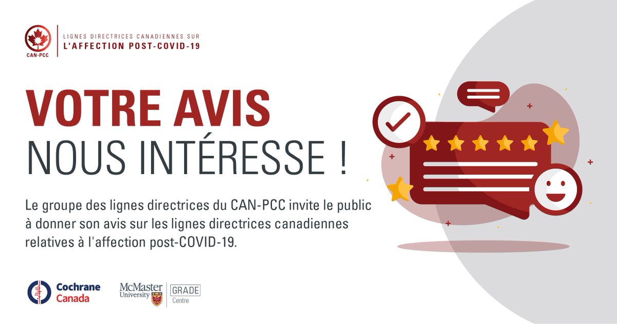 Nous vous invitons à partager vos commentaires sur un sondage sur les Lignes directrices canadiennes pour les conditions post-COVID-19.
Veuillez visiter le site Web du CAN-PCC pour répondre à ce sondage et en savoir plus. L'enquête se termine le lundi 24 juin 2024 à 23 h 45 HAE.