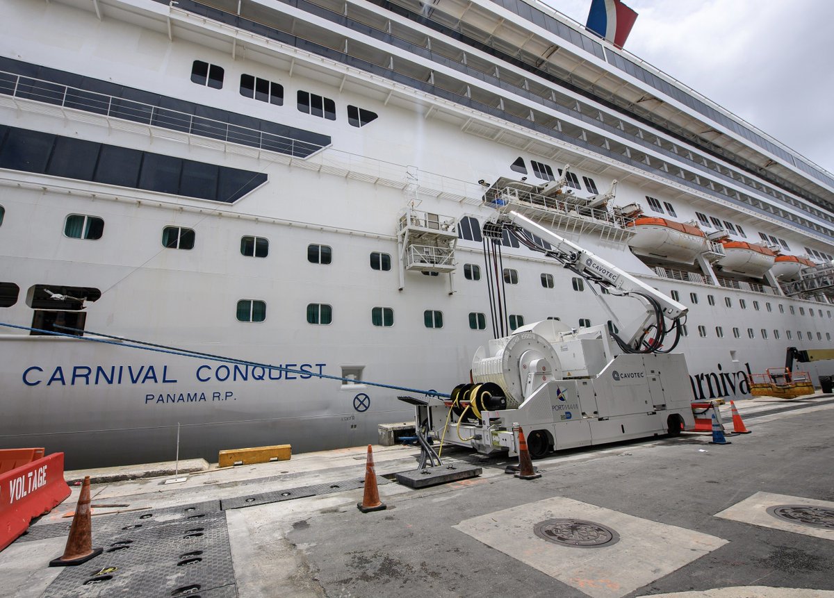 OfficialJoelF's tweet photo. Carnival Conquest became the first cruise ship to plug into shore power @PortMiami today 🚢 

With shore power, cruise ships at the port can turn off their engines and run off the electrical grid. https://t.co/NXBhIYSyeo
