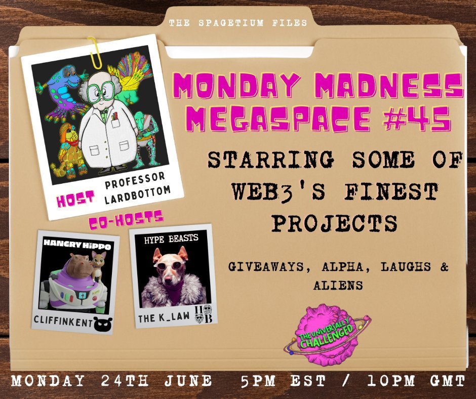THE MONDAY MADNESS MEGASPACE #45 [06/24/24] 🥳

Want to win a <a href="/TheUniversally_/">The Universally Challenged</a> ?👀 

✅FOLLOW <a href="/TheUniversally_/">The Universally Challenged</a>, <a href="/HangryHippoNFT/">Hangry Hippo</a>
, <a href="/ProfessorPepeX/">Professor Pepe X 🔮</a> &amp; <a href="/HypeBeast_NFT/">Hype Beasts</a>

📢TAG 3
🔃RT +💚
⬇️BE IN THE SPACE: x.com/i/spaces/1mrGm…