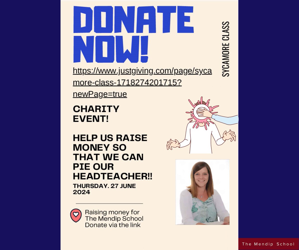 🥧 Join the Fun(draiser)! 🥧

Sycamore Class is raising funds for The Mendip School! If we hit our goal, we’ll PIE our headteacher! 🥧🤣

📅 June 27, 2024 💸 Donate: buff.ly/3z9Yzti
Help us make this "un-pie-lievable"! ❤️

#Fundraiser #PieOurHeadteacher #MendipMagic