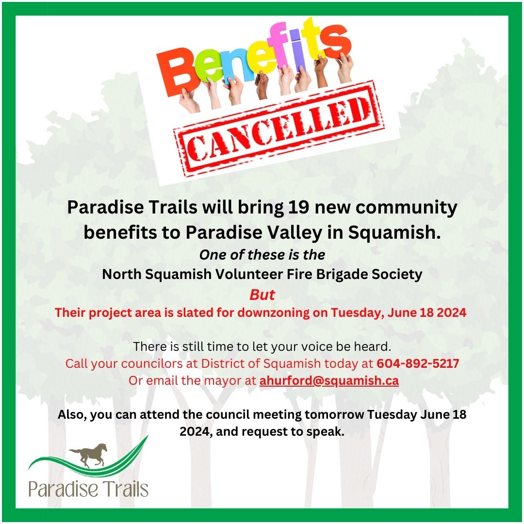We need your help! The Paradise Valley in northern #squamish is potentially losing the benefit of fire hazard protection, thanks to the District of Squamish staff decisions that are hurting the region. Have your voices heard NOW! #paradisevalleybc  #saveparadisevalley   #squamish