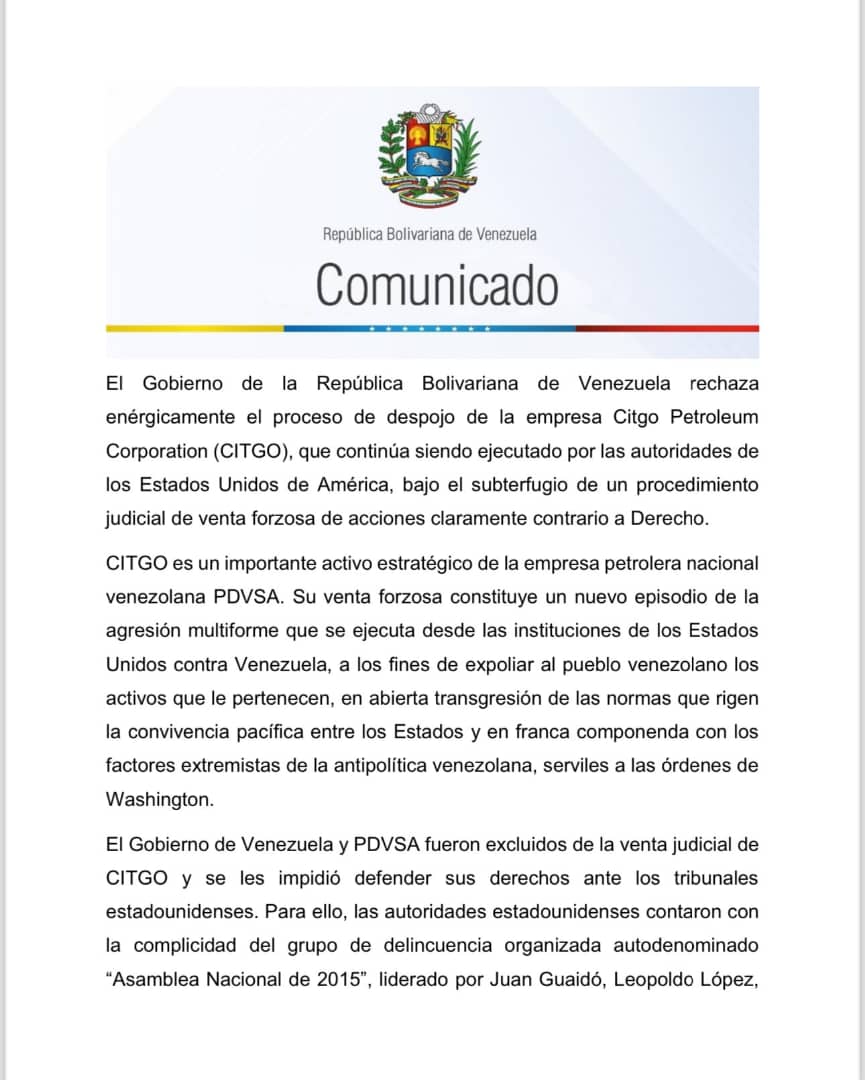 CANCORFANB1's tweet photo. Venezuela no reconocerá ningún tipo de transacción fraudulenta. 
Prohibido olvidar, rechazamos contundentemente el robo de #CITGO dirigido por el Gobierno de los Estados Unidos. https://t.co/6l9kNDe9zJ
