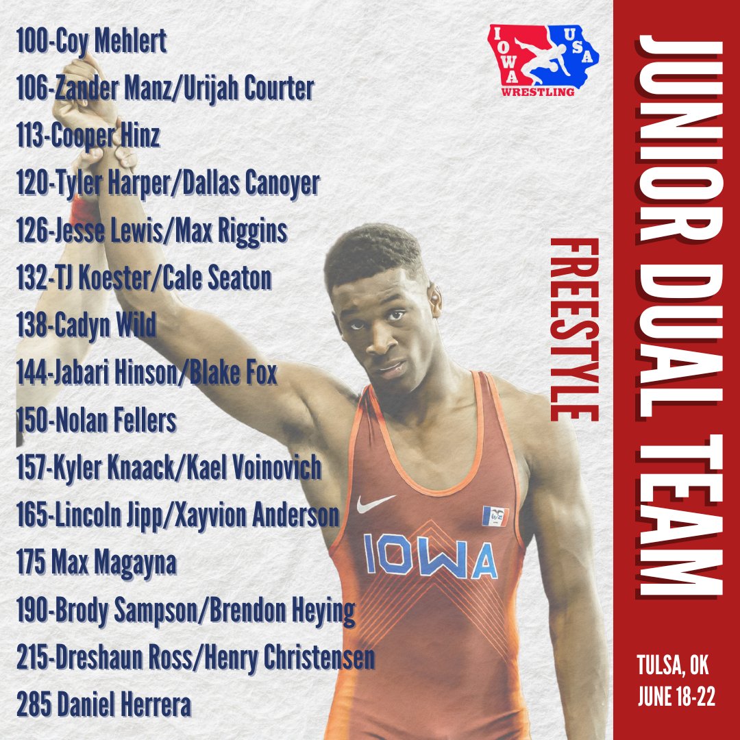 IowaUSAW's tweet photo. It's Junior National Duals week! Here is your Team Iowa Roster for the boys Greco and Freestyle teams! Let's have a week boys! 
#IowaUSAwrestling 
📸 @allysonschwab https://t.co/t4CksHEAha
