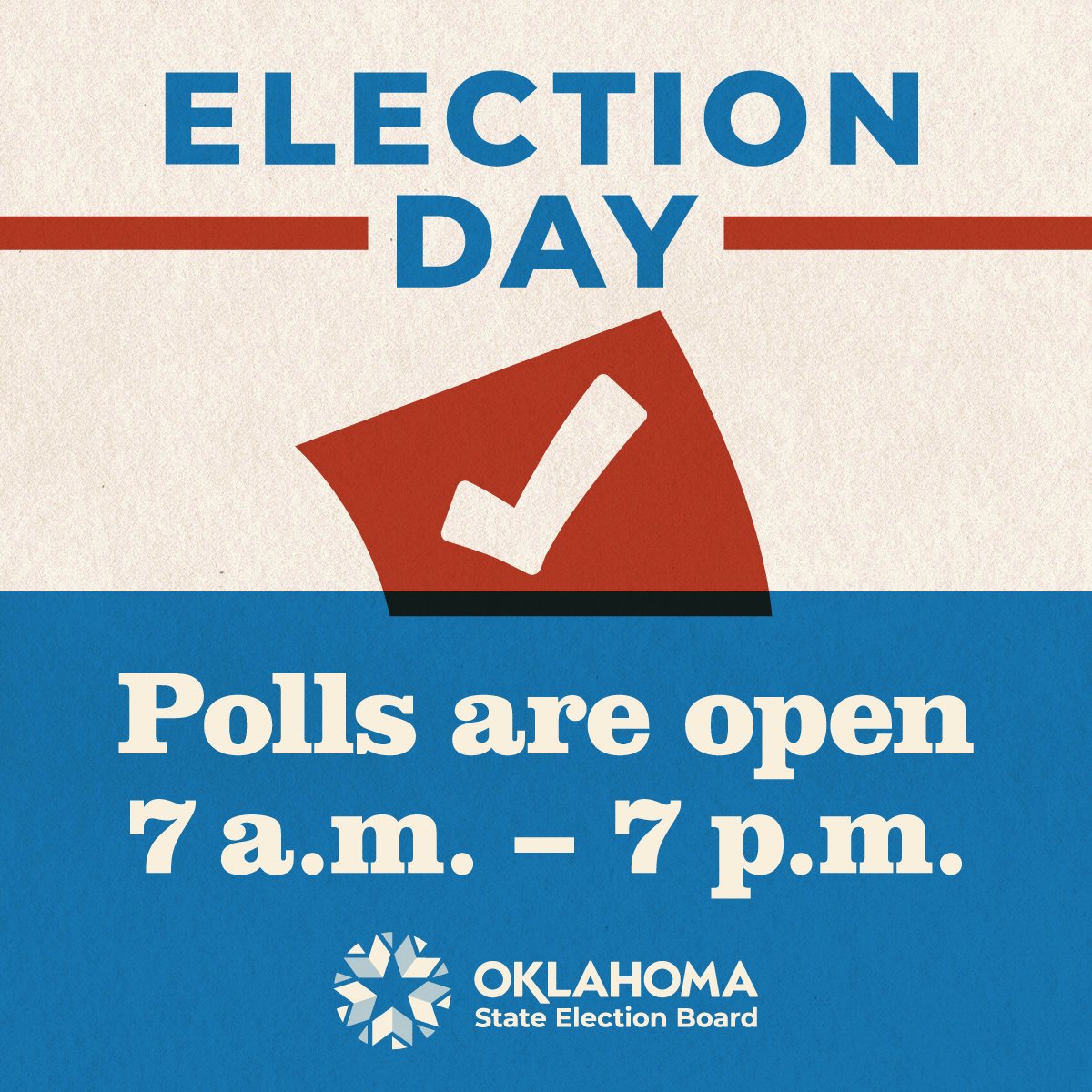 It's Election Day! Make plans to get out and vote! The polls will be open 7 a.m. to 7 p.m.

Find your polling place and view a sample ballot: oklahoma.gov/elections/ovp.…

See the election list: hosting.okelections.us/electionlist.h…