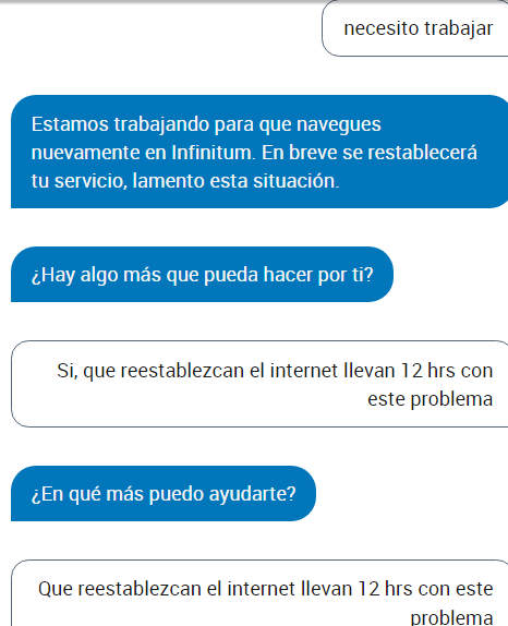 rflorsree's tweet photo. @TELMEXSoluciona  @Telmex Sus bots estan entrenados con datasets de sus ejecutivos, responden igual. No tengo servicio desde hace 12 hrs https://t.co/ybyYjiqvTn