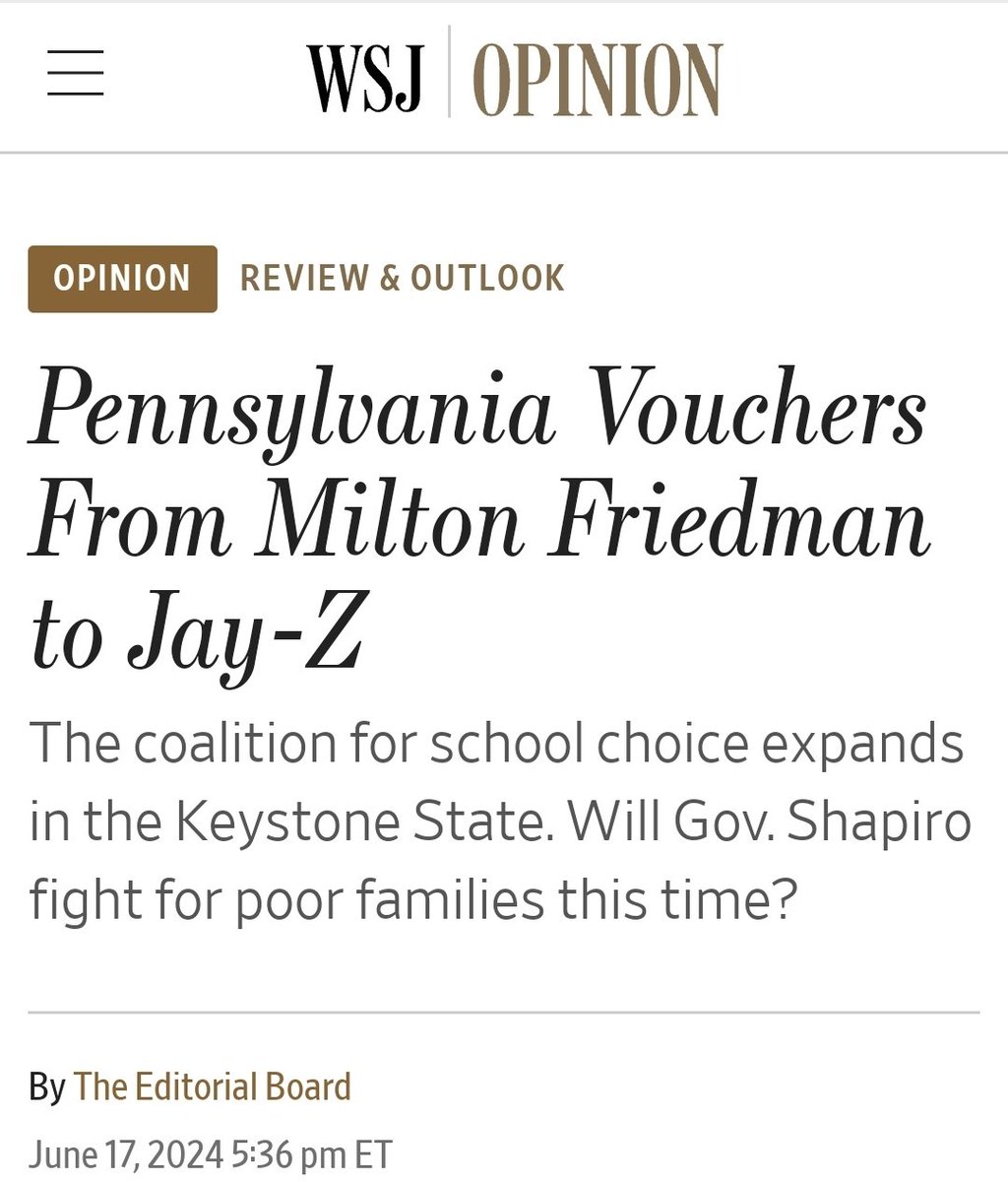 DeAngelisCorey's tweet photo. "Gov. Shapiro is often touted as having White House potential. But by wimping out on school choice last summer, he missed a moment to side with parents over unions. Maybe Jay-Z could set him straight." https://t.co/mg96m5ILzV