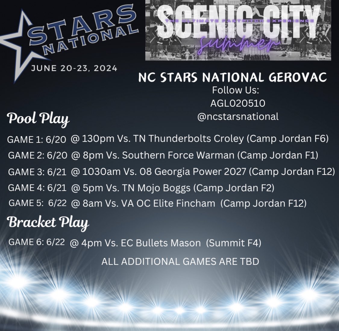 Headed to Chattanooga with <a href="/NCstarsnational/">Stars National - Gerovac</a> for the 🏙️Scenic City 🏙️ Tournament! Here is our schedule for the weekend. Go stars! ⭐️