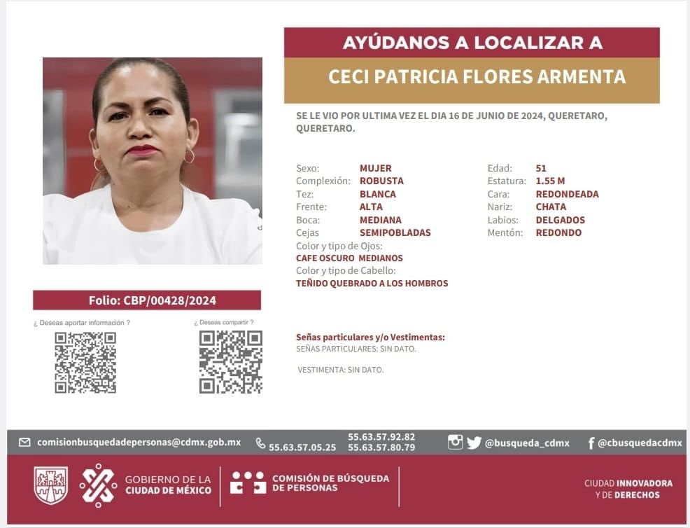 No es una somos todas ♀ (@somostodasmx) on Twitter photo Ayuden a difundir 🆘 🚨
Te buscamos <a href="/CeciPatriciaF/">Ceci Flores 6623415616</a> hermana, exigimos que las autoridades hagan su trabajo y la encuentren con vida. Ayuden a difundir 🆘 🚨
Te buscamos <a href="/CeciPatriciaF/">Ceci Flores 6623415616</a> hermana, exigimos que las autoridades hagan su trabajo y la encuentren con vida.