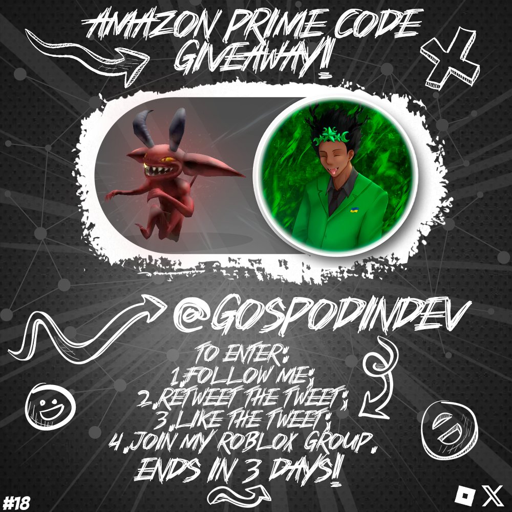 gospodindev's tweet image. 👋Hello guys!✨Amazon prime code drop!
📌Item: 😈Delinquent Demon!
To participate, u must:
➤Follow/Repost/Join my Roblox group.
🍀Good luck everyone!
⏱️Ends in 3 days!
❗Write your usernames below :3
#robloxgiveaway #robloxgiveaways #robloxtoycode