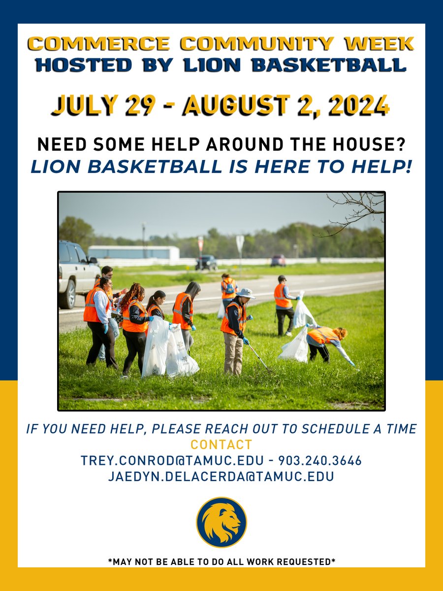 East Texas A&M Men's Basketball (@lion_mbb) on Twitter photo Calling the <a href="/CityofCommerce2/">City of Commerce TX</a> Community!
Need some help around the house? <a href="/Lion_MBB/">East Texas A&M Men's Basketball</a> and <a href="/Lion_WBB/">East Texas A&M WBB</a> are here to help! #GoLions #LT Calling the <a href="/CityofCommerce2/">City of Commerce TX</a> Community!
Need some help around the house? <a href="/Lion_MBB/">East Texas A&M Men's Basketball</a> and <a href="/Lion_WBB/">East Texas A&M WBB</a> are here to help! #GoLions #LT