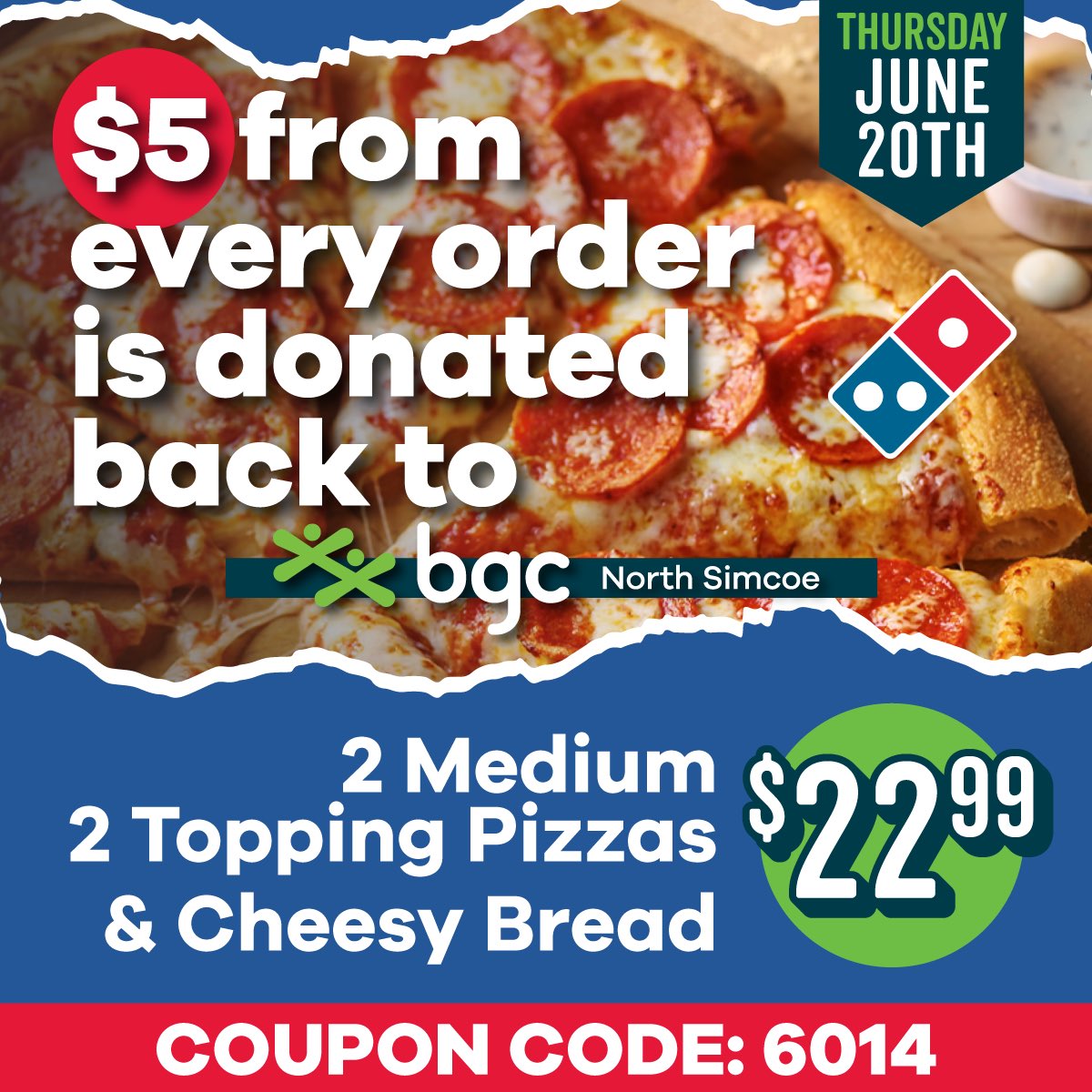 Thursday June 20th why not save yourself the cooking and support BGCNS??!! Thank-you to the Midland Domino’s store for this fundraising opportunity!! #bgcnorthsimcoe