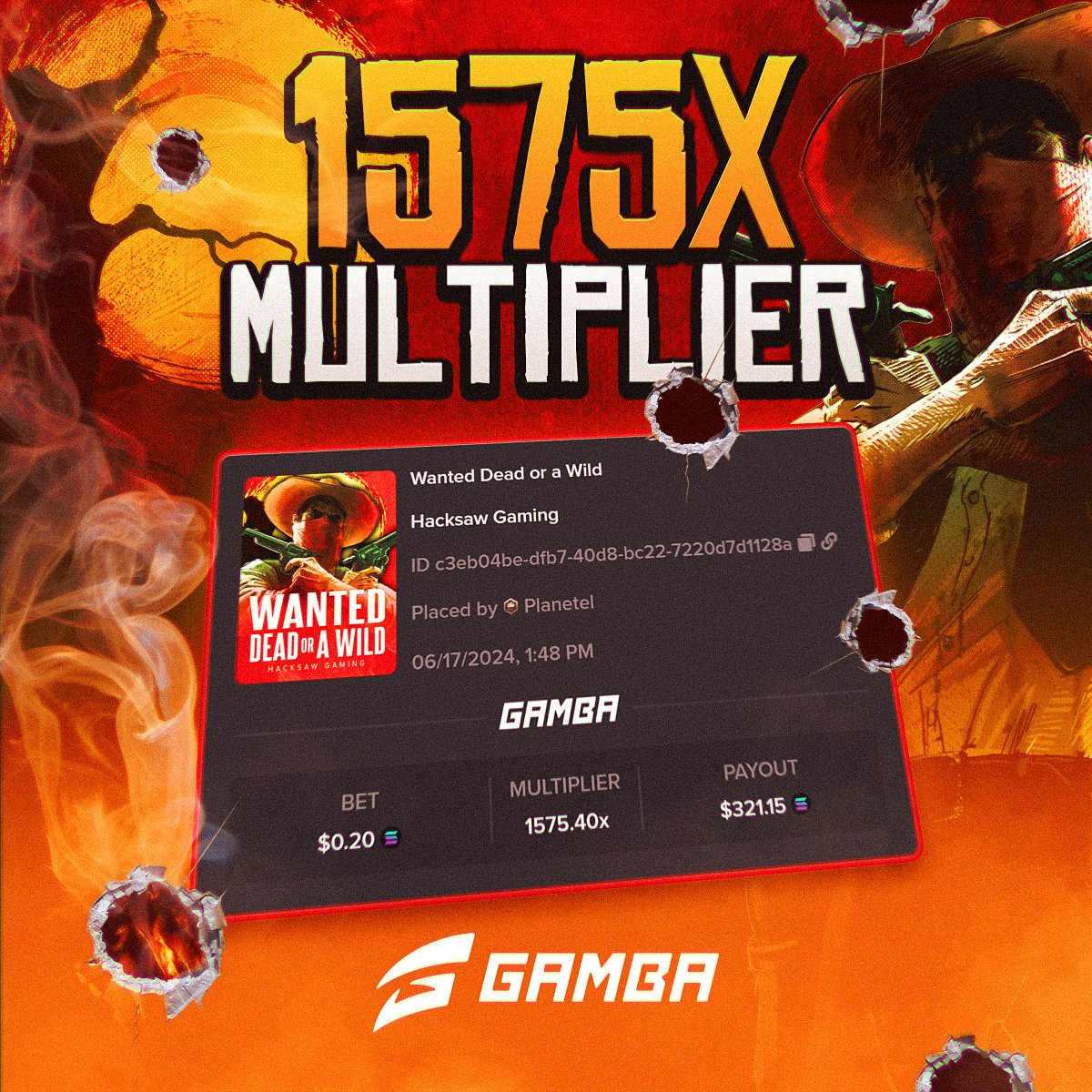 gamba's tweet image. Bang💥 Bang💥 Bang💥

🧨That's the sound of a 1575x multiplier on Wanted Dead or a Wild by Hacksaw Gaming on this users first depo at Gamba!

🧨Want to give this slot a spin?
Retweet + comment Gamba usernames, will be sending out tips today!