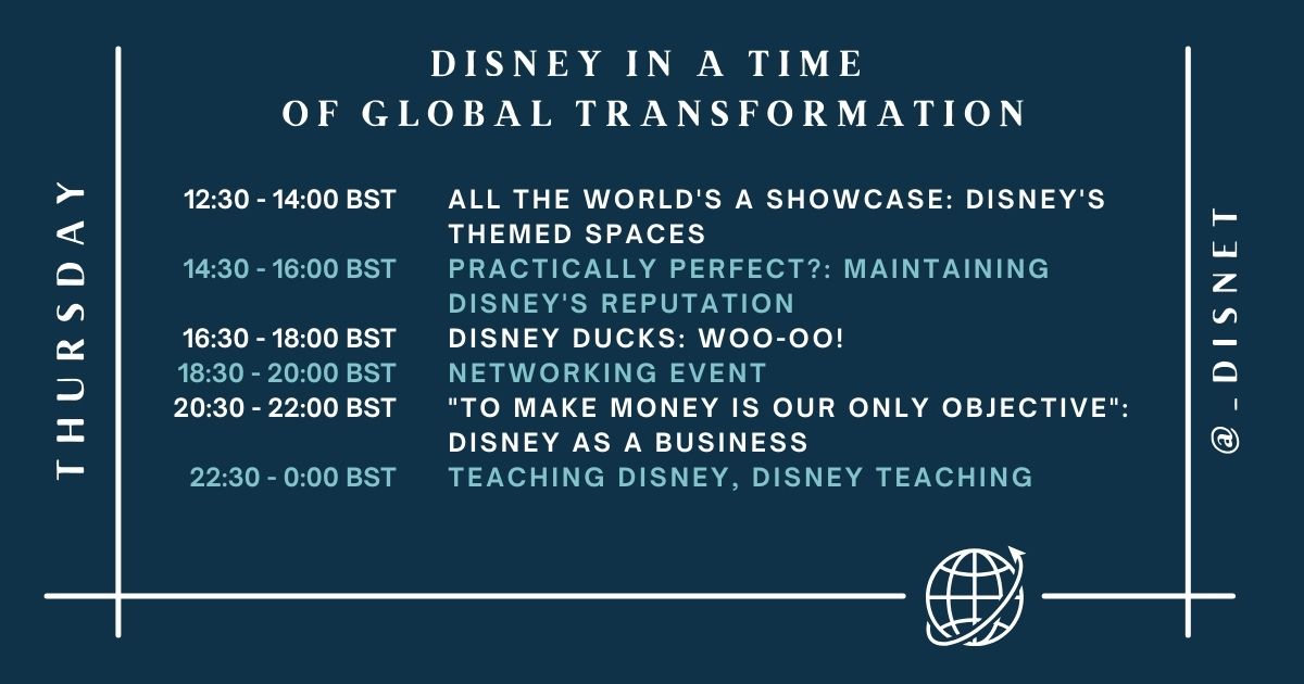_DisNet's tweet photo. ๐ฆ Day 4 of #DisNetConference takes us to themed spaces, an ode to the Disney Ducks, a look at Disney's business, and how Disney teaches others. Also, do not forget about our NETWORKING EVENT at 18:30 BST! https://t.co/YE930uyTBT
