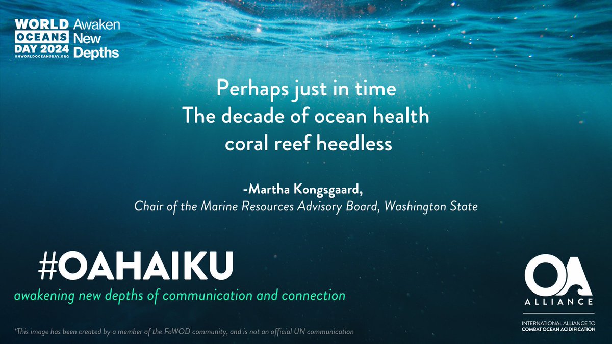OA_Alliance's tweet photo. ✍️ 🪸#OAHaiku by Martha Kongsgaard, Chair of the Marine Resources Advisory Board, Washington State

Perhaps just in time
The decade of ocean health
coral reef heedless

#UNWorldOceansDay2024 #WorldOceansDay #OceanAcidification #ClimateOceanAction https://t.co/z7RgB4bk8Z
